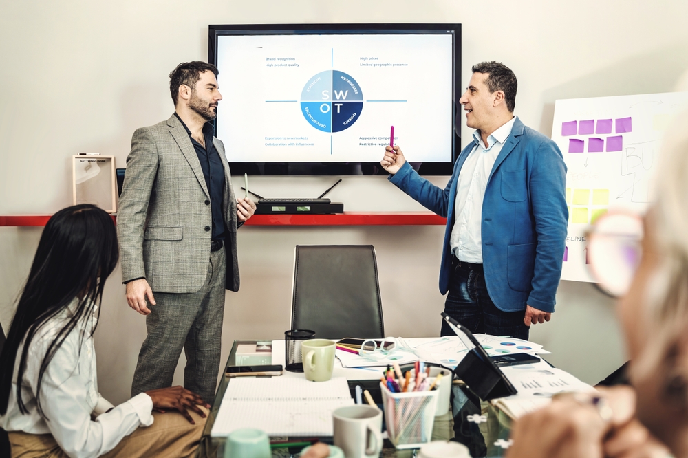 Two business professionals present a SWOT analysis on a board, focusing on strengths, weaknesses, opportunities, and threats.