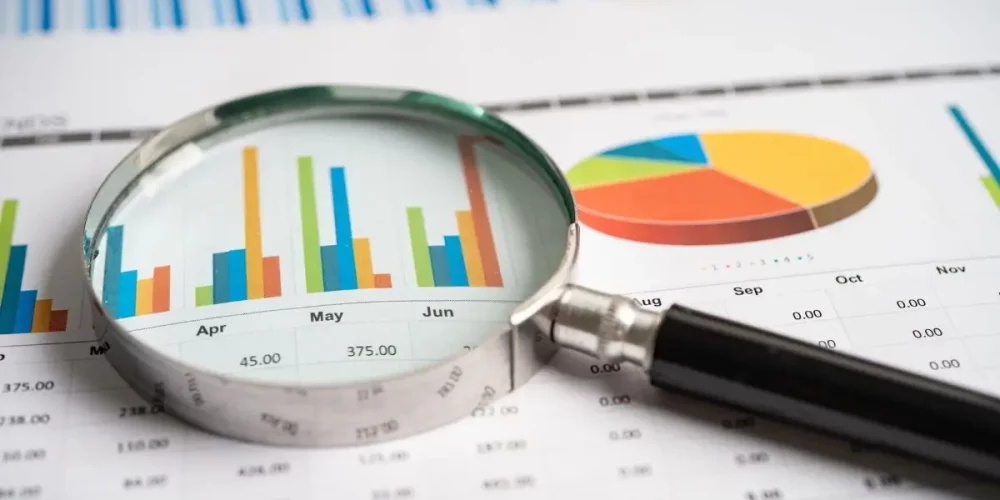 Magnifying glass analyzing bar and pie charts representing Fortune 500 business consulting growth strategy insights.