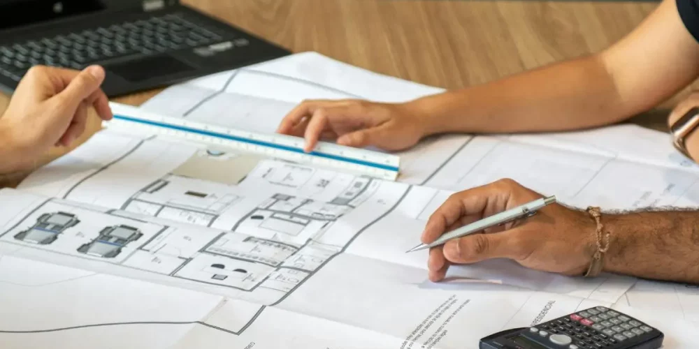 Hands working on blueprints, highlighting the vision and goals of an interior design business focused on precise planning.