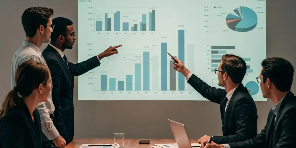 Professionals analyzing financial growth charts in a strategic business planning meeting, discussing data-driven decisions for business success.